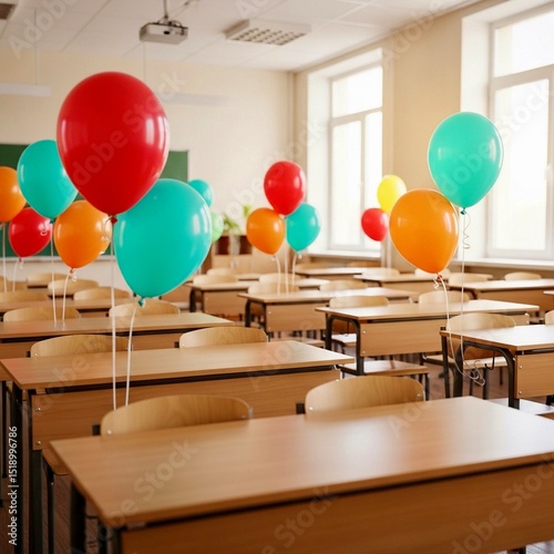 Empty classroom with colorful balloons tied to chairs, decorated for celebration