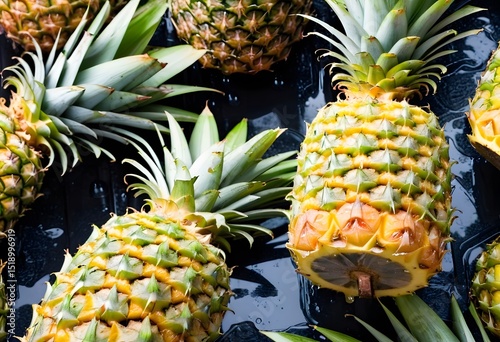 Dutch Angle View of Ripe Pineapples with Water Drops
