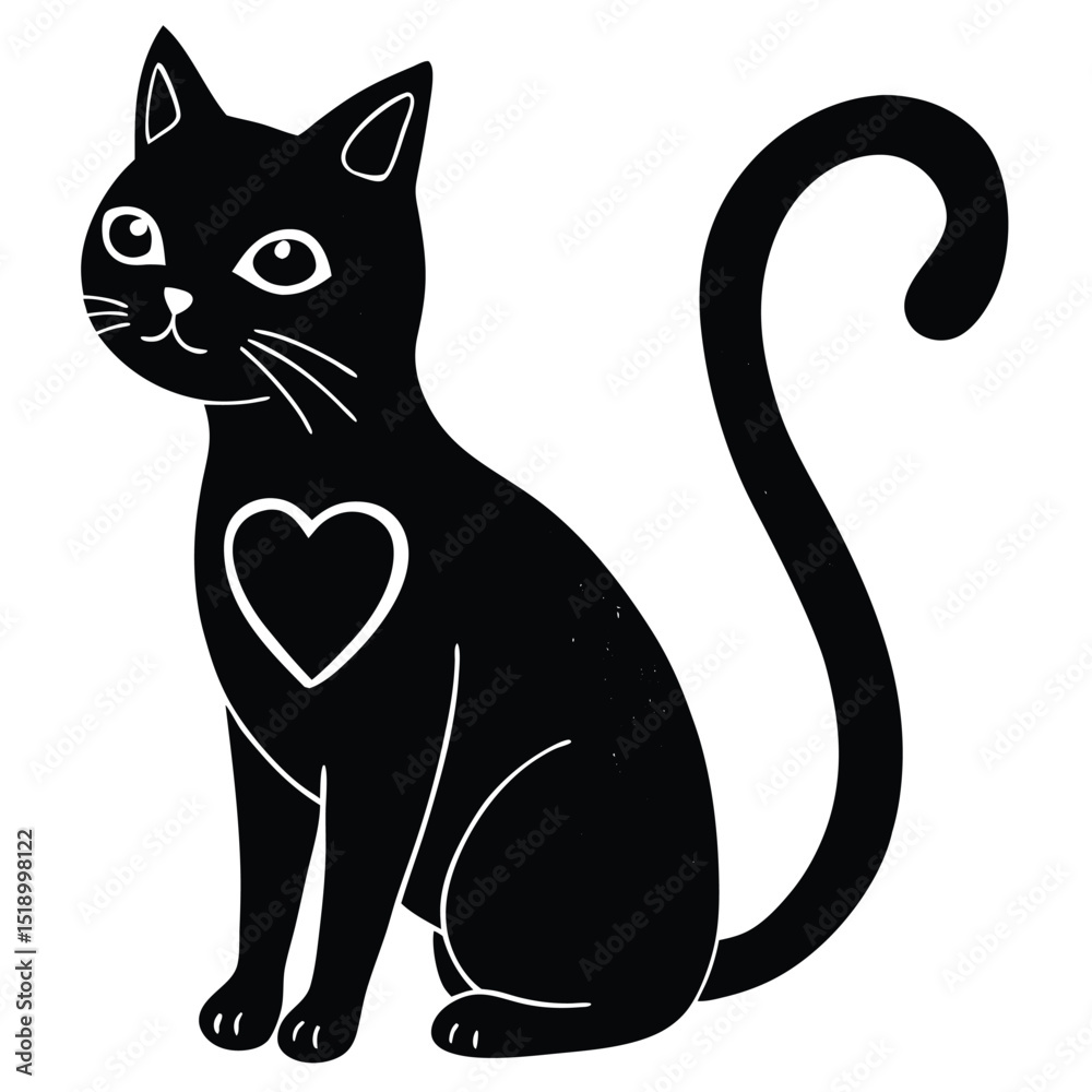 Fototapeta premium Cute cartoon cat with heart shaped tail on white background