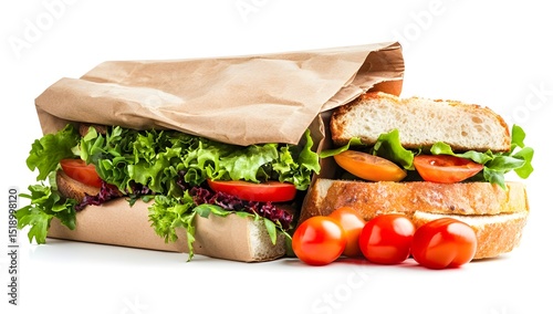A simple brown paper lunch bag and a sandwich are placed side by side against a pure white background. photo