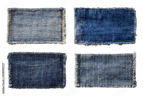 Four Denim Fabric Swatches with Varying Shades and Textures, PNG