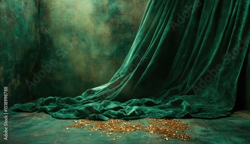 Deep emerald green velvet draped backdrop with golden accents
