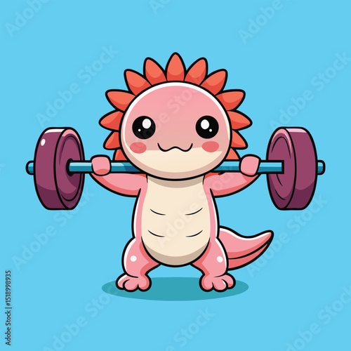 Cute baby axolotl lifting weights cartoon illustration