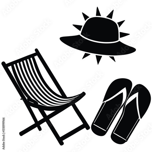 Coastal scene illustration deck chair sun hat flip flops and sea