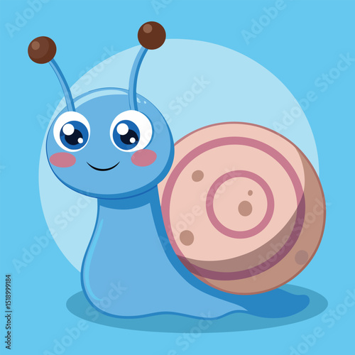 A cute and funny cartoon snail with a colorful shell slowly smiles in the garden
