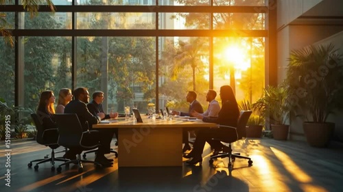 Business meeting takes place at sunset inside a modern office with large windows
