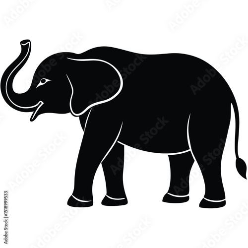 Silhouette of an elephant with trunk up on white background