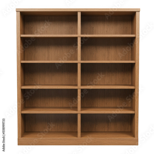 Empty wooden bookcase shelves isolated on transparent background