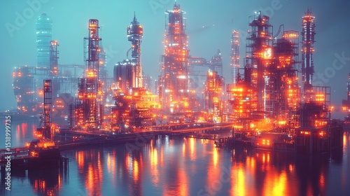 A cyber-industrial shipyard with glowing AI-controlled machinery 