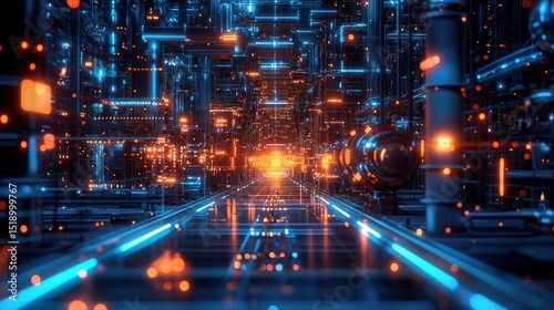 A cyber-industrial shipyard with glowing AI-controlled machinery 