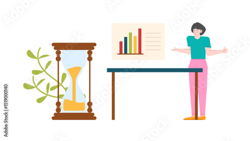 Businesswoman presenting graph with an hourglass, symbolizing time management, productivity, and planning in financial presentations, reports, and marketing strategies.