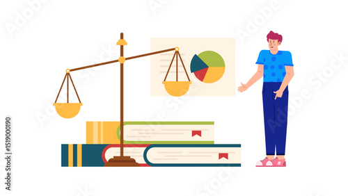 Man points at a pie chart on a whiteboard, scale, and books. Ideal for business, finance, education, presentations, analytics concepts.
