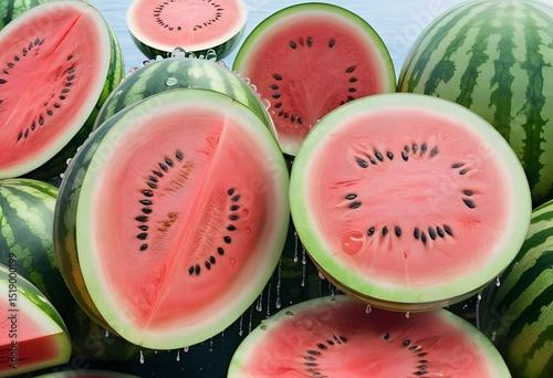 Upward Shot of Juicy Watermelons with Water Drops, Low Angle