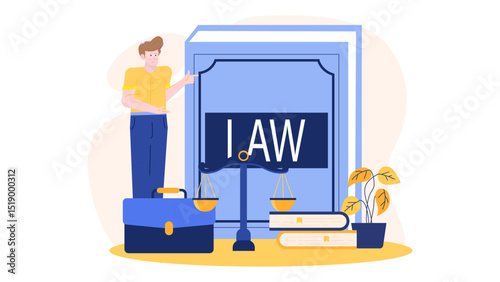 Man stands next to a law book and scales. Suitable for legal concept designs, justice themes, and education materials.