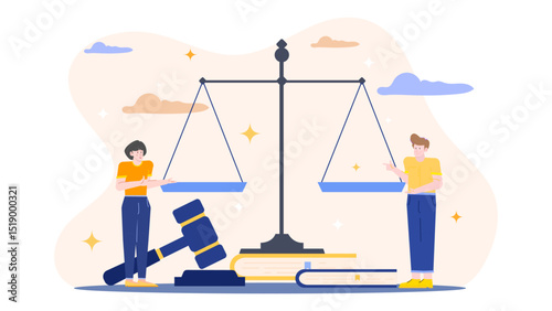 Scale gavel, two people, and two books suitable for legal concept. Judge, case, court, law, justice, legal professionals concepts.