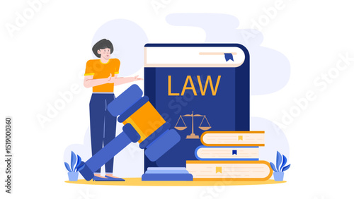 Woman stands with a gavel next to a law book. Ideal for legal concepts, justice themes, law related marketing campaigns, and presentations.