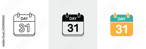 Three Styles of Calendar Icons Displaying the ThirtyFirst Day in Line, Solid, and Color