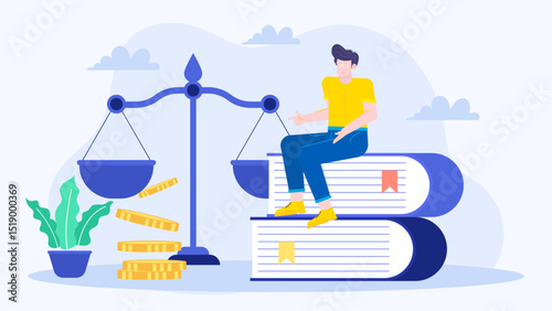 Man balances on books with scale and gold coins. Ideal for finance, education, investment, success concepts in designs and presentations.
