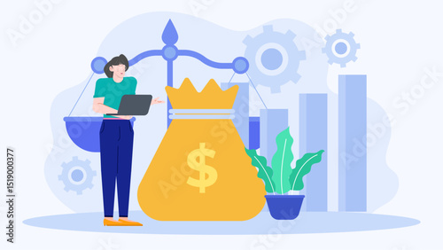 Woman multitasking with laptop, money bag, and scales. Ideal for financial, business, budgeting, and work life balance concepts in marketing.