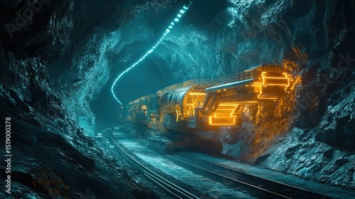 A cyber industryal facility extracting glowing minerals from the ground