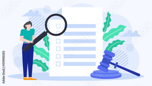 Legal investigation concept with a woman holding a magnifying glass examining documents and a gavel nearby. Suitable for law related content.