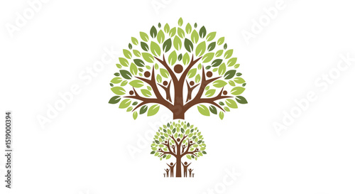 Two Family Tree Illustrations with People and Green Leaves