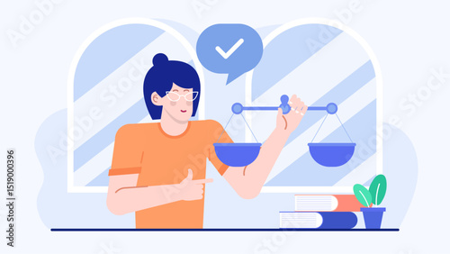 Woman displaying achievement with a checkmark and scale. Ideal for illustrating progress, success, goals, weight loss, dieting concepts.