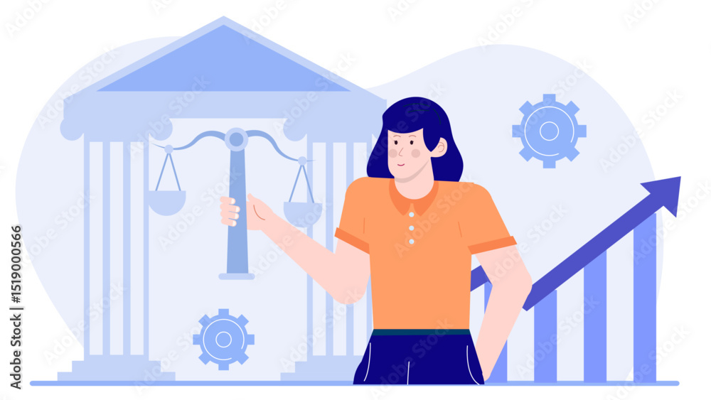 Woman with scale in front of building. Ideal for justice, law, legal, equality, balance, weight loss, or business concepts.