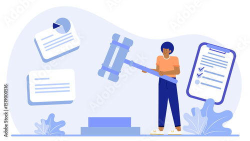Person holding a gavel, papers, and a checklist, ideal for legal, business, leadership, law, decision-making, justice, and organization concepts.