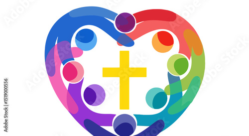 Colorful Heart with People and a Yellow Cross Symbol