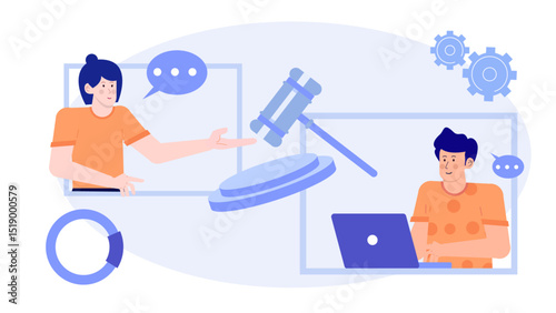 Two people having a video chat conversation about a gavel. Suitable for legal, online meetings, law related social media content.