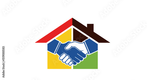 Colorful House Logo with Handshake Representing Real Estate Deal