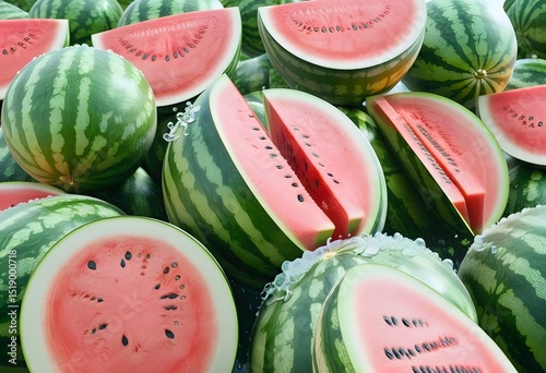 Low Angle View of Ripe Watermelons with Water Drops