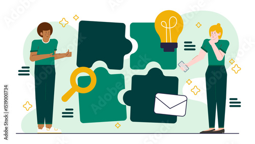 People connecting puzzle pieces with a magnifying glass, email icons. Suitable for teamwork, problem-solving, collaboration, virtual communication concepts.