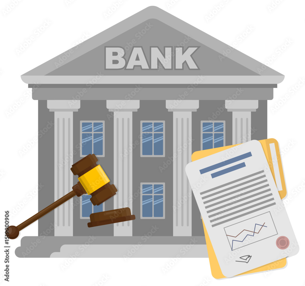 Hammer judge and documents with bank building vector illustration justice graphic