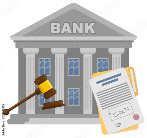 Hammer judge and documents with bank building vector illustration justice graphic