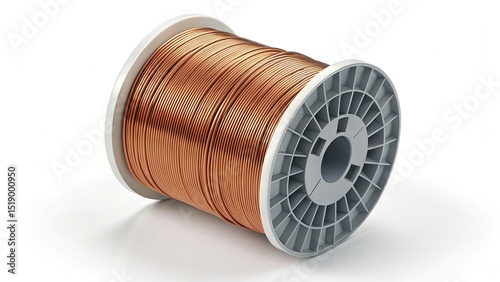 A spool of copper-colored wire is isolated on a white background
