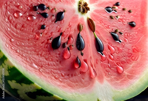 Macro Shot of Ripe Watermelon with Visible Water Droplets
