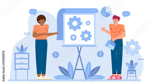 Two men presenting a plan with gear icons. Suitable for business presentations, project proposals, teamwork concepts, strategy meetings, and collaboration.