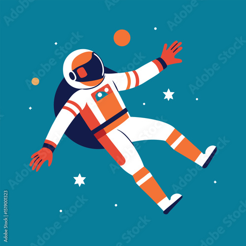 Stylized astronaut floating in zero gravity vector design