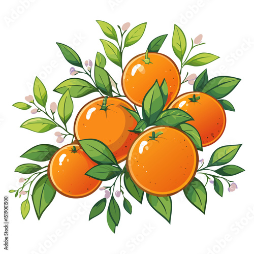 Oranges on a branch vector color illustration in sketch style. Ripe citrus fruits on a branch with leaves on an isolated background for packaging and design.