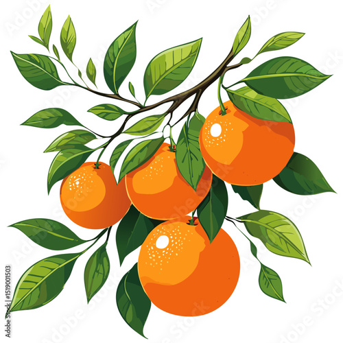 Oranges on a branch vector color illustration in sketch style. Ripe citrus fruits on a branch with leaves on an isolated background for packaging and design.