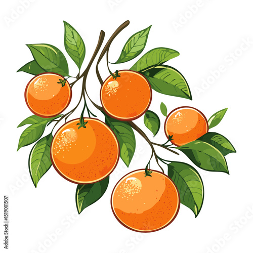 Oranges on a branch vector color illustration in sketch style. Ripe citrus fruits on a branch with leaves on an isolated background for packaging and design.