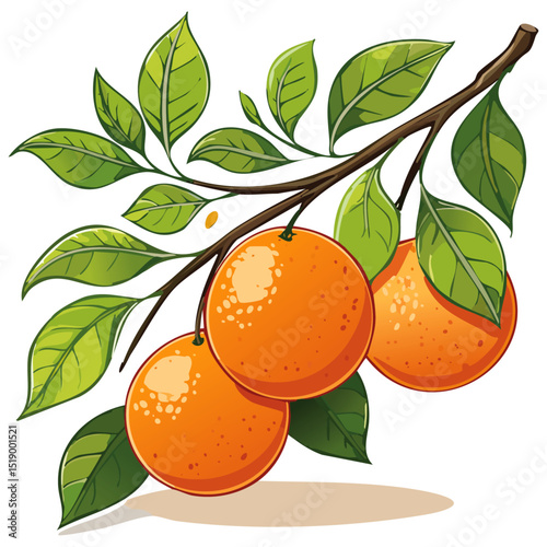 Oranges on a branch vector color illustration in sketch style. Ripe citrus fruits on a branch with leaves on an isolated background for packaging and design.
