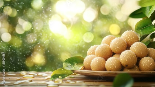 Freshly picked lychees on a bamboo plate, glistening with morning dew, surrounded by vibrant green foliage