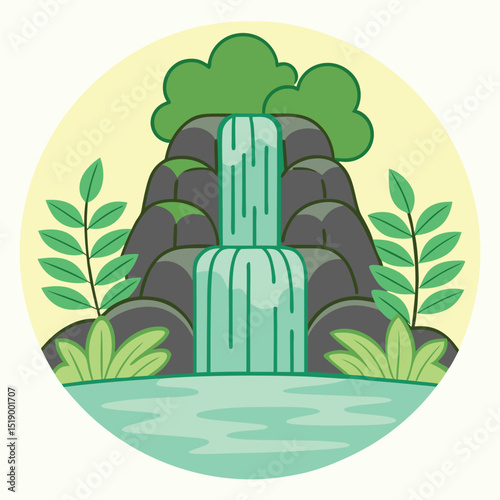 Stylized waterfall cascading over mossy rocks