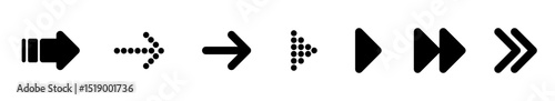 Set of black arrow icons. Various packaging symbols. Motion pointers. Site and player control buttons. Flat style logos. Information pointers. Wayfinding directions. Modern simple vector arrows..ai
