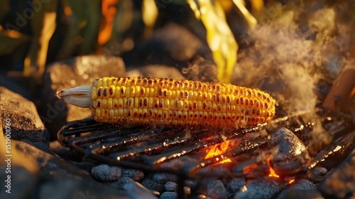 Roasted corn on an open fire grill