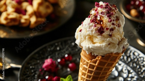 Delicious vanilla ice cream cone topped with pomegranate seeds and a drizzle of honey