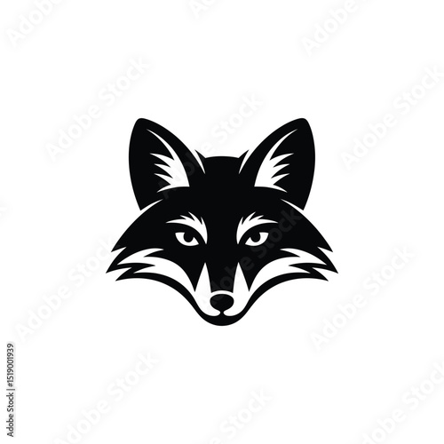A striking black silhouette of a fox head is isolated on white space